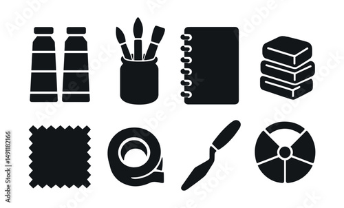 Solid style icons of art supplies and materials: paint tubes, brushes in jar, sketchbook, modeling clay, color wheel, fabric swatch, masking tape, palette knife.