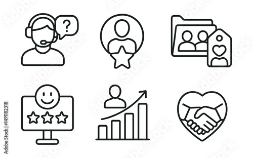 Line style icons of customer relations: client support icon, customer feedback badge, loyalty program tag, client meetings file, customer satisfaction board, service evaluation chart, relationship