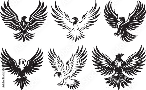 Majestic black and white eagle silhouette with wings spread wide and laurel wreath
