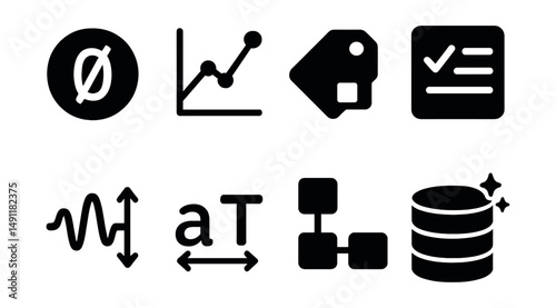 Solid style icons of data cleaning and prep: null value icon, outlier cleaner, missing field tag, data validation check, normalize icon, type matcher, data prep flow, clean dataset.