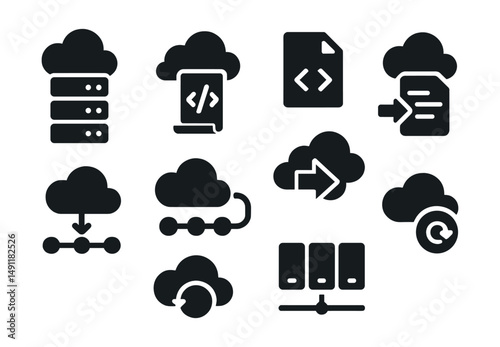 Solid style icons of cloud deployment: deployment stack, provisioning script, YAML file, deployment pipeline, blue/green deploy, CI/CD icon, staging environment, rollback button.