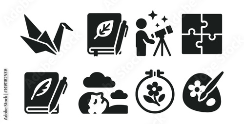 Solid style icons of quiet hobbies: origami crane, nature sketchbook, stargazing icon, slow puzzle, poetry journal, cloud watching, embroidery hoop, rock painting.
