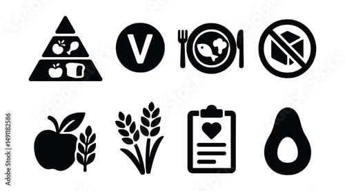 Solid style icons of nutrition and diet: food pyramid, vitamin icon, balanced meal, low sugar icon, fiber-rich food, whole grains, diet plan, healthy fat.
