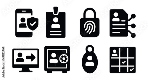 Solid style icons of identity and access management: two-factor auth icon, access badge, biometric lock, IAM policy, SSO login, identity vault, login token, user permission matrix.