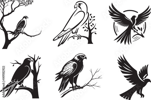 Three elegant black and white falcon silhouettes perched on branches