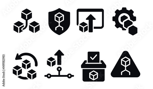 Solid style icons of blockchain upgrades and forks: soft fork icon, hard fork badge, version upgrade, protocol update, backward compatibility, upgrade timeline, voting phase, fork alert.