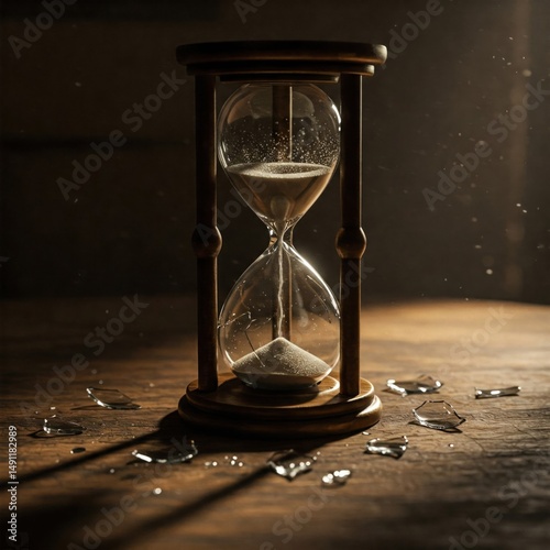 An hourglass and broken glass on a wooden table.