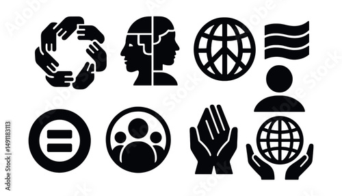 Solid style icons of global unity and diversity: hand circle, culture mosaic, peace globe, rainbow of flags, equal rights badge, inclusivity icon, respect hands, open world.
