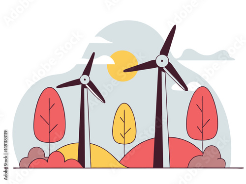 Clean energy wind turbines in serene countryside. Flat design vector illustration