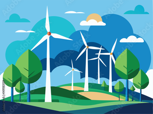 Sustainable wind farm scenery. Renewable energy art with turbines on rolling hills