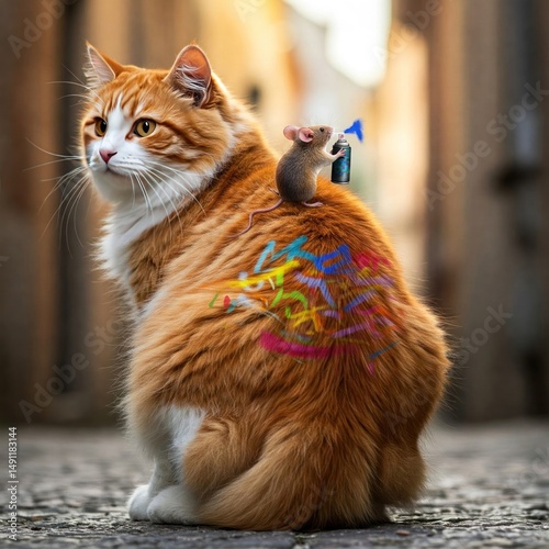 A mouse draws graffiti on the back of a cat. Space for text. photo