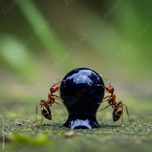 Two ants carry a black drop.