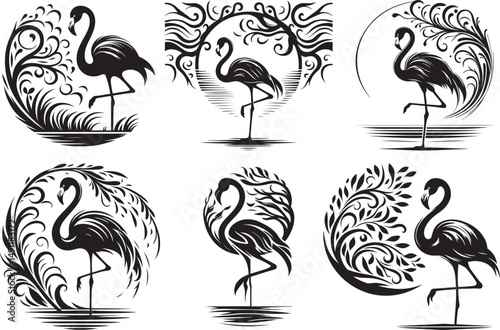 Six elegant black and white flamingo designs with ornate floral accents