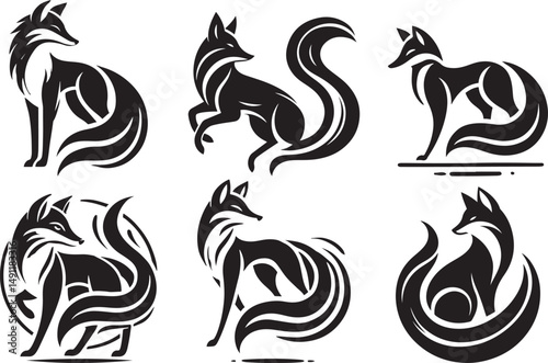 Six stylish black and white fox logo designs with swirling tails photo