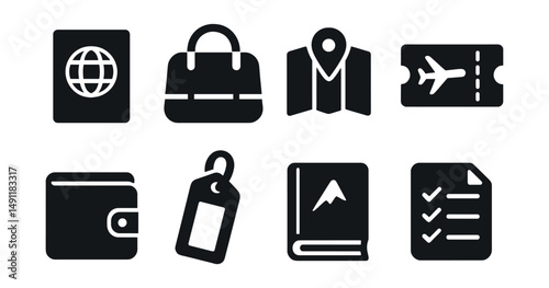 Solid style icons of travel essentials: passport icon, travel bag, map with pin, flight ticket, travel wallet, luggage tag, guidebook, packing list.