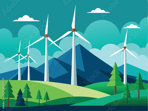 Wind Turbines in green field. Clean energy vector illustration. Eco-friendly power generation