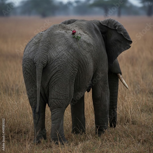 An elephant on the savannah with a rose on its back.