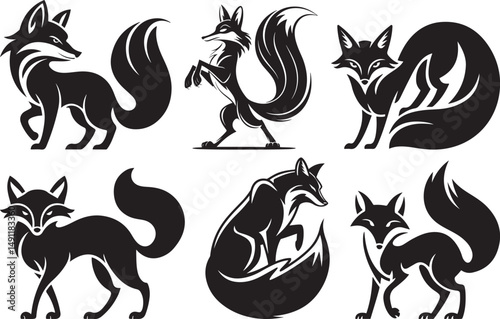 Six stylish black and white fox silhouettes in various poses