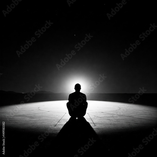 A man sits alone in the light in the darkness.
