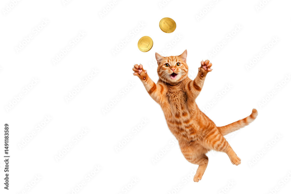 Obraz premium Ginger cat with coins on a white background. Space for text.