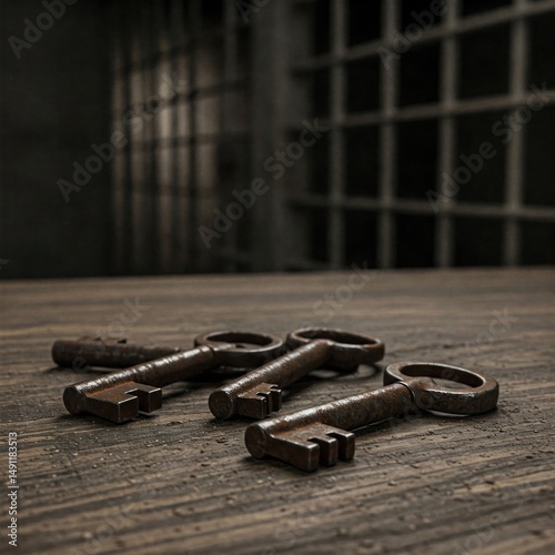 Three antique keys on a wooden table by the bars.