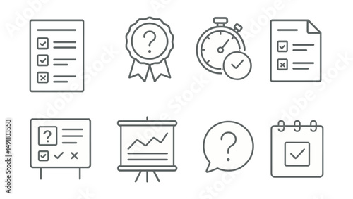 Line style icons of mock exams: practice test icon, mock quiz badge, timed exam tag, question paper file, test simulation board, practice exam chart, trial bubble, preparatory symbol.