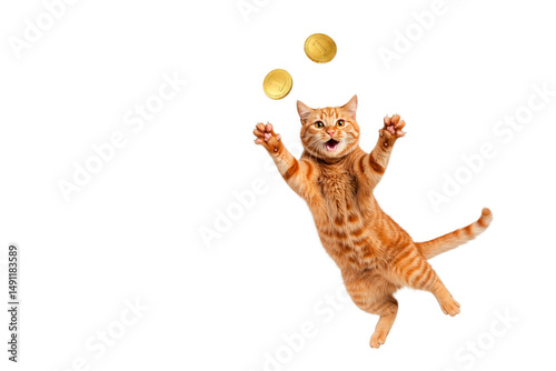 Ginger cat with coins on a white background. Space for text.