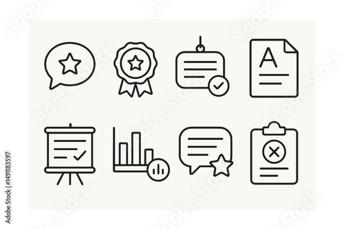 Line style icons of feedback for tests: feedback icon, result feedback badge, teacher comment tag, grade report file, review notes board, score explanation chart, evaluation bubble, critique symbol.
