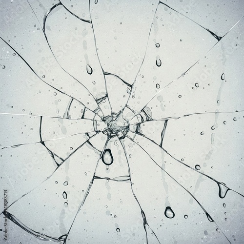 Cracks in the glass with water droplets.