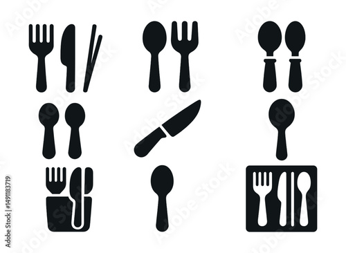 Solid style icons of utensils set: fork and knife pair, spoon and chopsticks, cutlery bundle, kids utensils, steak knife, soup spoon, cutlery holder, utensil drawer.