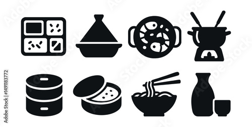 Solid style icons of international tableware: bento box, tajine dish, paella pan, fondue pot, dim sum steamer, tortilla warmer, ramen bowl, sake cup.