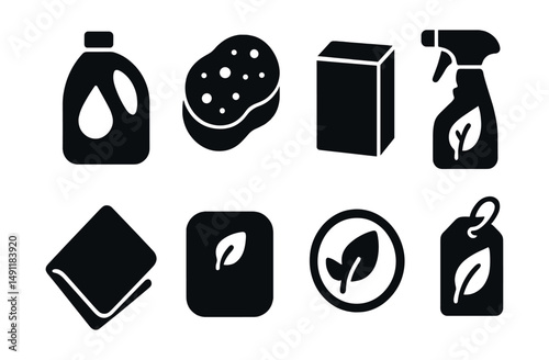 Solid style icons of eco-friendly cleaning: refill bottle, natural sponge, baking soda box, vinegar spray, reusable cloth, zero-waste soap, plant-based label, green leaf tag.