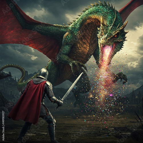 A knight with a sword fights a confetti-spewing dragon.