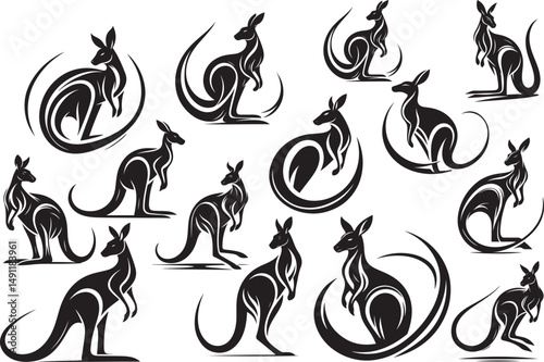 Collection of stylized black kangaroo silhouettes in various poses and designs ideal for logos branding and tattoos
