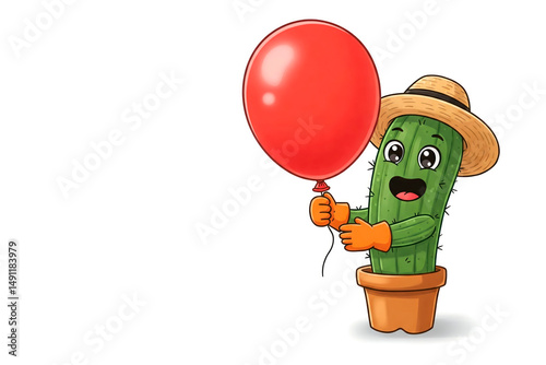 A joyful cactus in a hat holds a red ball. Space for text.