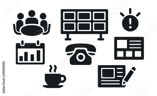 Solid style icons of newsroom environment: team meeting icon, newsroom monitor wall, story board, urgent message icon, daily schedule chart, editorial phone, layout desk, coffee and news.