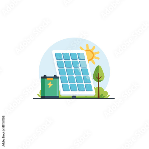 Colorful cartoon solar panel with battery and green trees under a sunny sky, eco-friendly concept of renewable energy or sustainability