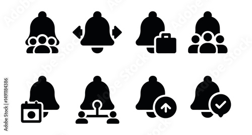 Solid style icons of notifications for teams: team bell icon, shared alert, project update bell, group notification icon, shared calendar alert, collaboration ping, status change bell, feedback alert