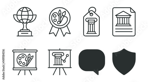 Line style icons of cultural trophies: cultural icon trophy, art competition badge, heritage award tag, tradition recognition file, community art board, cultural event chart, cultural performance
