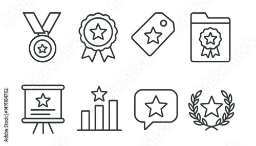 Line style icons of participation medals: event medal icon, participation badge, attendance award tag, contestant file, event recognition board, competition chart, participation bubble, event honor