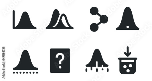 Solid style icons of probabilistic ML models: probability density icon, Gaussian mixture, Bayesian inference, likelihood function, posterior curve, hidden variable, uncertainty model, sampling method