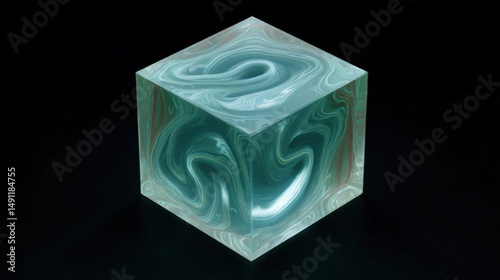 3d rendering of a cube. the cube is square in shape and has a smooth surface. it is made up of different shades of blue, green, and white, creating a wave-like pattern.