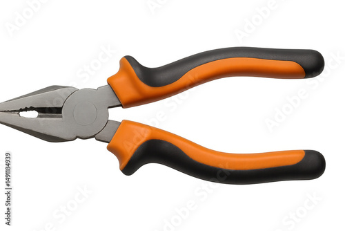 Combination pliers with orange and black handles isolated on transparent background, ready for gripping, cutting, and bending