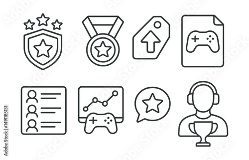 Line style icons of gaming competitions: game rank icon, top player badge, level up tag, tournament game file, player leaderboard board, game performance chart, gaming result bubble, gamer