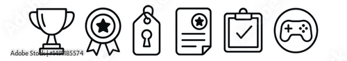 Line style icons of game achievements: trophy icon, achievement badge, unlocked feature tag, score reward file, completed quest board, points chart, milestone bubble, gamer recognition symbol.