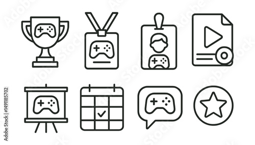 Line style icons of gaming events: tournament icon, gaming convention badge, fan meetup tag, live event file, gaming expo board, event schedule chart, game exhibition bubble, event symbol.
