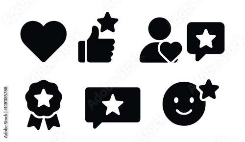 Solid style icons of social media likes and reactions: heart reaction, like star, follower favorite, profile with heart, starred comment, fan badge icon, top post star, reaction icon.