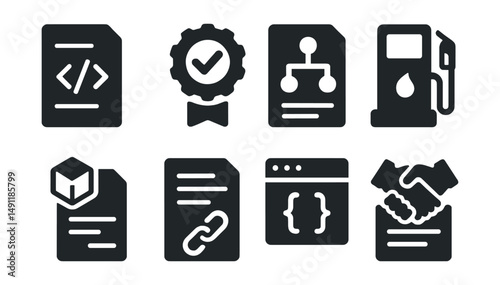 Solid style icons of smart contracts: contract code icon, auto-execute badge, condition logic, gas meter, deploy contract, contract hash, ABI interface, smart agreement.
