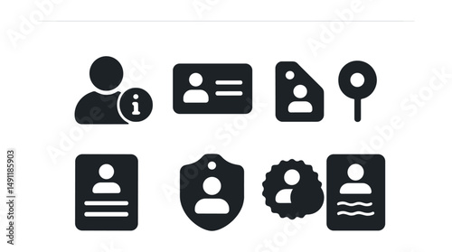 Solid style icons of profile and user info: avatar with “i”, user card info icon, about me tag, contact info dot, profile summary, identity info icon, public details badge, bio info.
