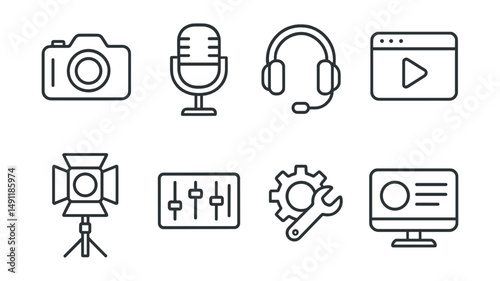 Line style icons of streaming setup: camera icon, microphone badge, headset tag, streaming console file, lighting setup board, streaming tools chart, broadcast screen bubble, streaming gear symbol.